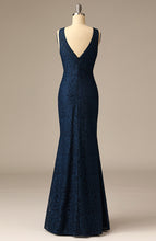 Load image into Gallery viewer, 2020 New Navy Blue Mermaid Evening Gowns with Flower Pattern