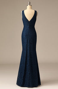 2020 New Navy Blue Mermaid Evening Gowns with Flower Pattern