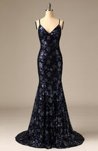 Load image into Gallery viewer, Graceful Long Navy sequined spaghetti Strap mermaid Evening Gowns with Train