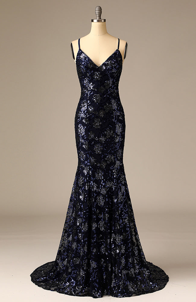 Graceful Long Navy sequined spaghetti Strap mermaid Evening Gowns with Train