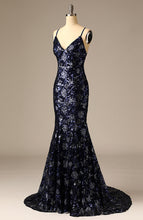 Load image into Gallery viewer, Graceful Long Navy sequined spaghetti Strap mermaid Evening Gowns with Train