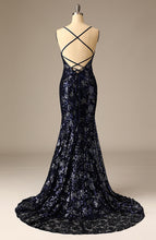 Load image into Gallery viewer, Graceful Long Navy sequined spaghetti Strap mermaid Evening Gowns with Train