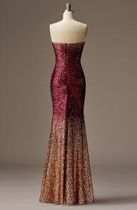 Sexy Long Sequined Strapless Gradient Color Evening Gowns