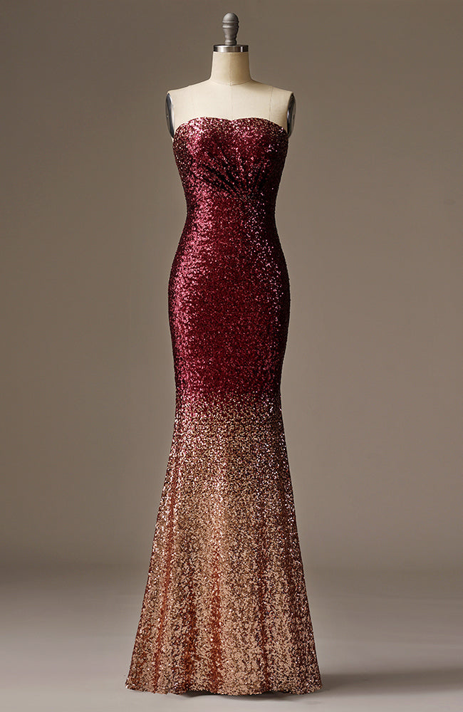 Sexy Long Sequined Strapless Gradient Color Evening Gowns