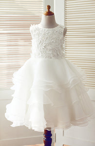 Long White Lace Appliqued Puffy Little Girls Ball Gown Princess Dress