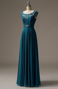 Long Beaded Turquoise Lace Chiffon Bridesmaid Dress for Ladies