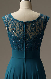 Long Beaded Turquoise Lace Chiffon Bridesmaid Dress for Ladies