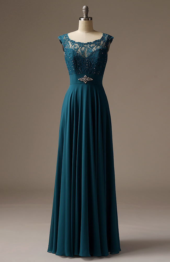 Long Beaded Turquoise Lace Chiffon Bridesmaid Dress for Ladies