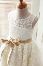 Load image into Gallery viewer, Pretty Ivory Tulle Lace Appliqued Kids Princess Dress with Gold Sash and Sweetheart Hole