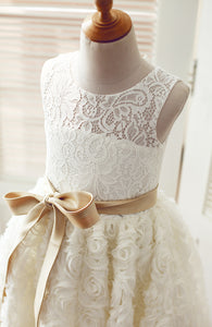 Pretty Ivory Tulle Lace Appliqued Kids Princess Dress with Gold Sash and Sweetheart Hole