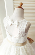 Load image into Gallery viewer, Pretty Ivory Tulle Lace Appliqued Kids Princess Dress with Gold Sash and Sweetheart Hole