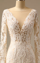 Load image into Gallery viewer, Champagne Long Sleeve Lace Appliqued Backless V-Neck Mermaid Wedding Dress