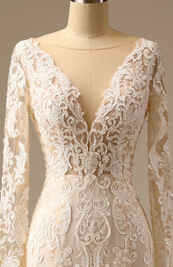 Champagne Long Sleeve Lace Appliqued Backless V-Neck Mermaid Wedding Dress