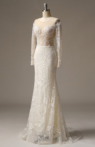 Luxury Beaded Lace Appliqued Long Sleeve Sheath Wedding Dress