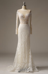 Luxury Beaded Lace Appliqued Long Sleeve Sheath Wedding Dress